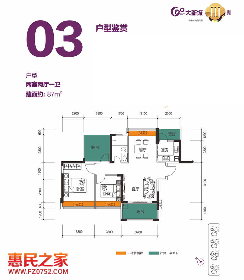 大新城三期03户型87㎡2房2厅1卫