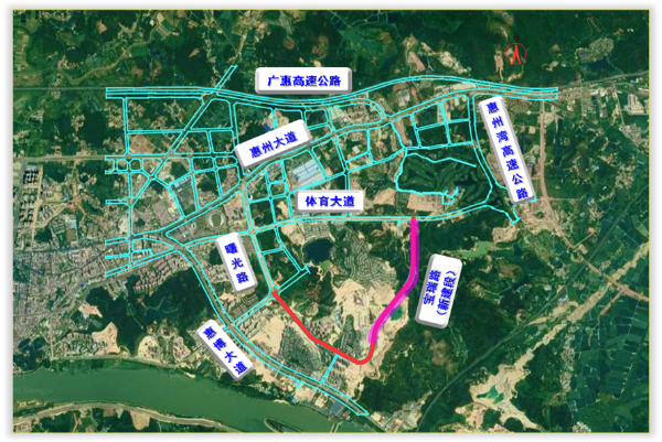 塔特小区路段往东延伸接入已纳入惠州湾高速公路建设的体育大道立交